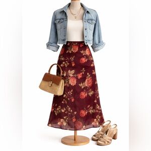 Vintage Burgundy Floral Midi Skirt Rose Print Romantic Fall A-Line